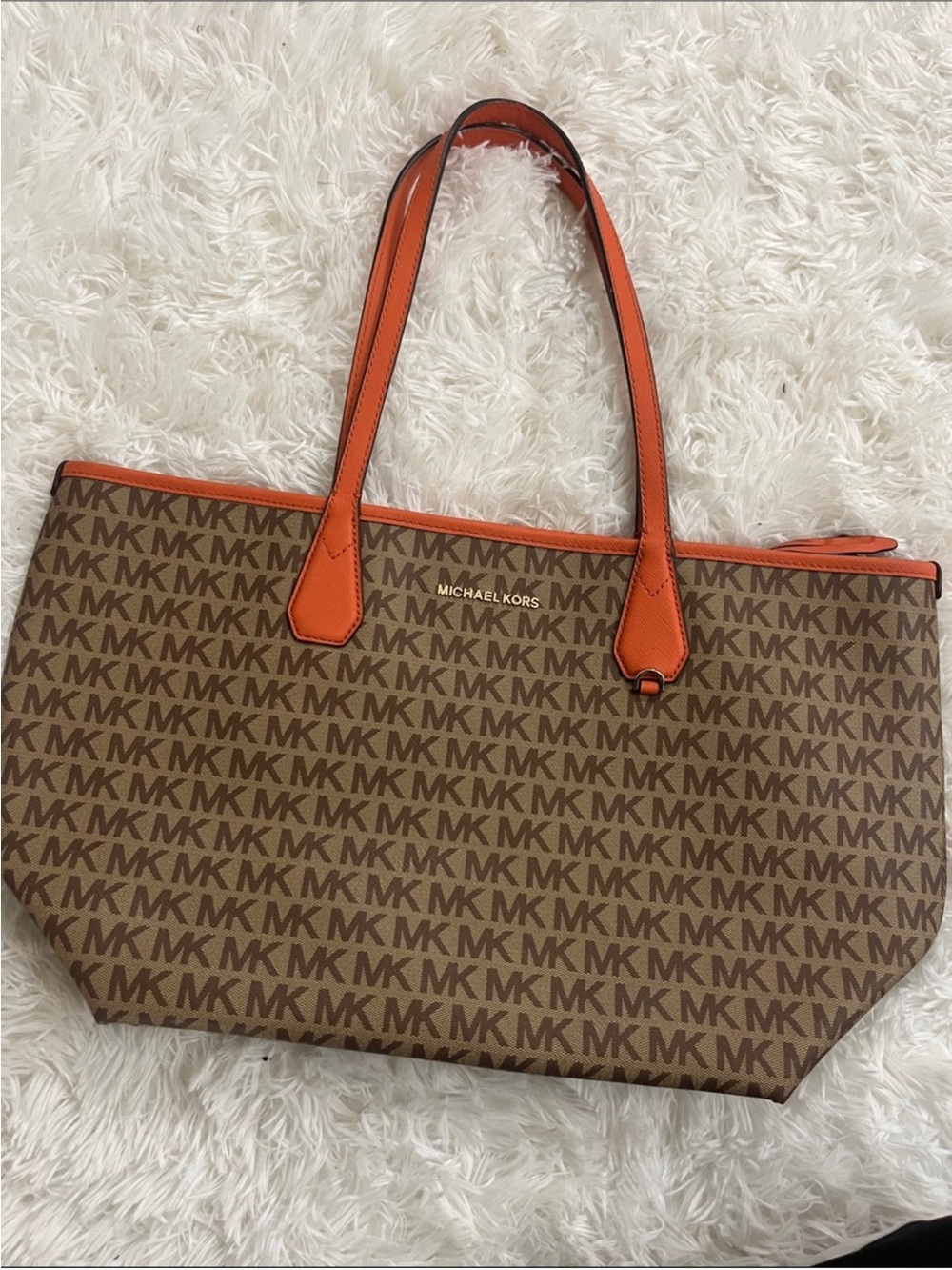 EUC Michael Kors Brown Orange Trim Tote Bag Matching Pouch